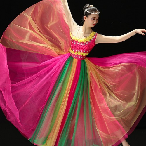 Women Spanish flamenco dresses Rainbow colored Opening dance big swing skirt Student ballroom dance costumes for dancers